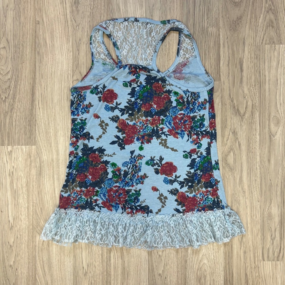 Miss SaSa Blue Floral Lace Trim Tank Top Racerback Henley Coquette Cottagecore L - Picture 2 of 5